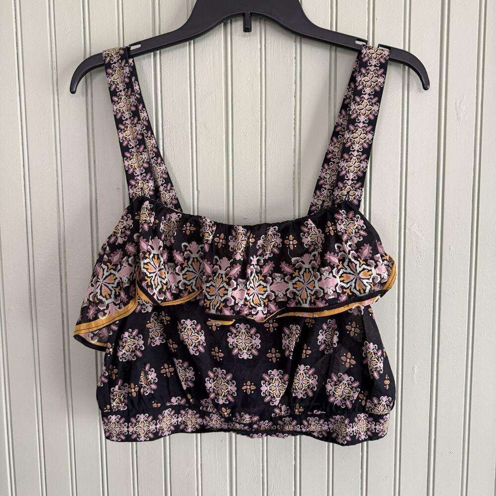 Free People Womens Large Crop Tank Top Tank Floral Ruffle Sheer Boho Navy